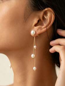 1 Pair French Luxury Asymmetrical Multi-Layer Faux Pearl Tassel Long Earrings, Gentle French Style, Minimalist Versatile Wear - White/Gold - View 1