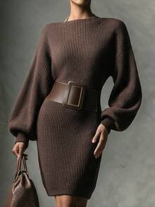 Women's Fall Winter Coffee Brown Off Shoulder Lantern Sleeve Soft Rib Knit Bodycon Midi Dress, Elegant Slim Fit Casual Office Daily Date Party Wear - Coffee Brown - View 5