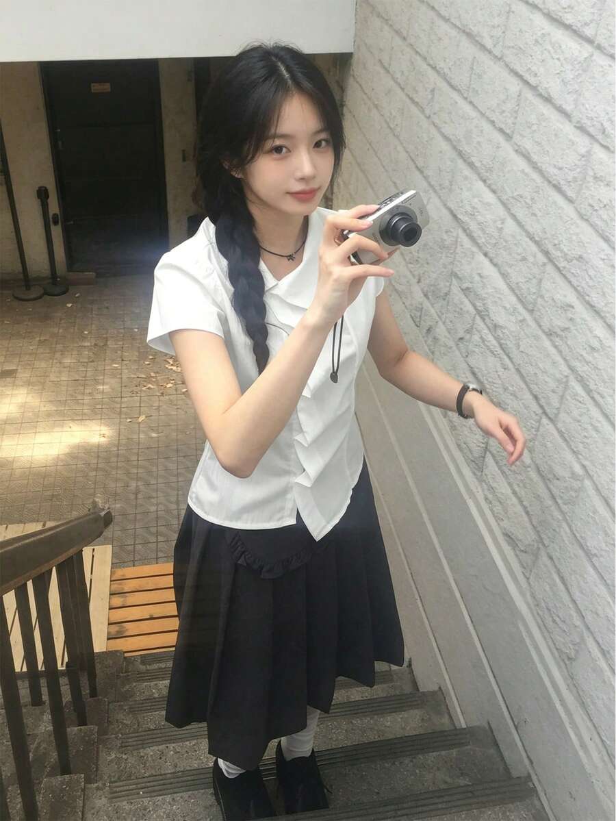 2025春夏新款女士不对称领短袖纯色纽扣衬衫 白色 - 白色 - 查看 1