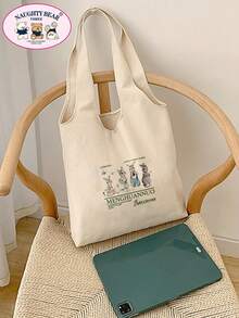 1pc Beige 3 Rabbits Cute Rabbit English Print Women's Canvas Tote Bag Shopping Bag - Beige - View 5