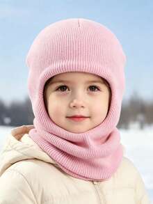 1pc Solid Color Baby Winter Knitted Balaclava Hat, Cute Double Pom Pom Design, Elastic Soft Neck Warmer, Suitable For Baby Daily Outdoor Skiing - 1PC - View 5