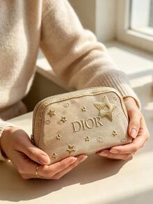 Dior Beige Cosmetic Pouch With Golden Star Embroidery And Dior Logo, Portable And Durable, Travel‑Friendly Makeup Storage Bag, For Personal Use And Gift Giving, DIOR‑GIFT‑199 - Champagne - View 5