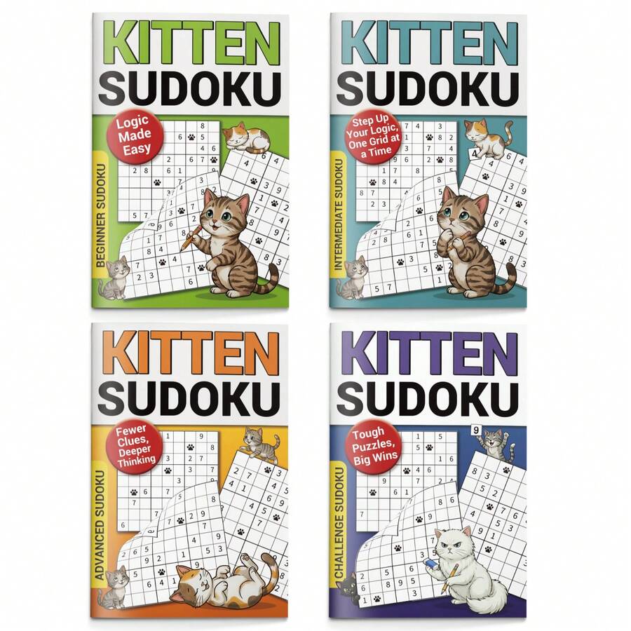 Kitten Sudoku Notebook Set, Cute Cat Logic Puzzle Activity Notebook, Includes Beginner, Intermediate, Advanced And Challenge Levels, Brain Training Grid, Portable Travel Learning Supplies - Kitten Sudoku Notebooks - View 1