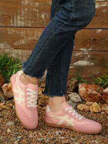 Women's Round Toe Colorblock Soft Sole Flat Lace-Up Style Retro Casual Sneakers For Spring And Autumn Daily Wear - Pink - View 3