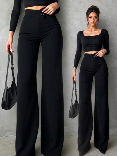 Women's Elegant Wide Leg Pants, Asymmetric V Waist Trousers With Decorative Button Detail, Autumn Dress Pants For Office, Business Casual & Date Night