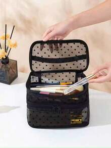 1pc Mesh Makeup Bag Double Layer Heart Pattern Large Capacity Storage Bag Fashion Toiletry Cosmetic Bag - Black - View 9