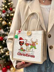 Beige Linen Tote Bag With Christmas Wine Glass & Reindeer Print, Suitable For Christmas Gifts, Travel And Daily Use - Multicolor - View 10