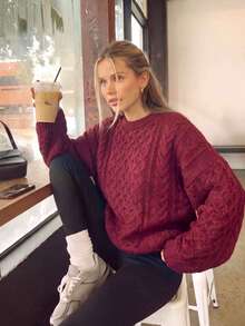 Women's Plus Size Fall Winter Burgundy Cable Knit Sweater, Round Neck Drop Shoulder Long Sleeve Loose Top For Date Casual Street‑Shot - Wine Red - View 4