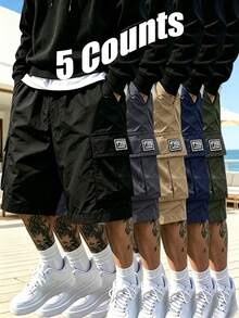 5pcs/Pack [High Street] Minimalist Multi-Pocket Solid Color Functional Cargo Shorts, Label Straight-Leg Bermuda Shorts With Adjustable Elastic Drawstring, Suitable For Daily Wear, Fitness, Running And Outdoor Activities - Multicolor - View 3
