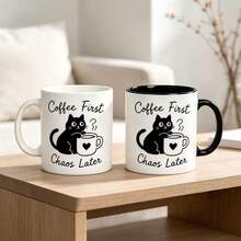 1pc 11oz Cute Black Cat Coffee Mug, "Coffee First Chaos Later" Funny Quote Ceramic Tea Cup, Reusable Daily Drinkware, Ideal Birthday, Christmas, Thanksgiving, Holiday Present For Cat Lovers, Home Office Desktop Drinking Cup - Multicolor - View 5