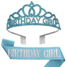 1pc Rhinestone Decor Birthday Party Crown And 1pc Sash Set, Blue Glitter Sash Decoration, For Girls Birthday Party,Christmas - Sky Blue - View 3
