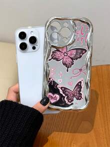 電鍍銀波浪框鏡面手機殼 粉色蝴蝶愛心蝴蝶結少女風波浪設計 防震保護殼，適合日常使用，兼容 Apple 11/12/13/11/14/16/17/15/PRO/PROMAX/PLUS/Air 及其他手機機型，情侶與節日禮物的絕佳選擇 - 銀色 - 查看 2