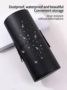 PU Leather Makeup Brush Bucket With Snap Lid 21.3cm*9cm Large Capacity Portable Travel Cosmetic Brush Cylinder Multi-Function Dust-Proof Desktop Makeup Brush Storage Holder For Full Set Makeup Brushes Home Travel Use - Black - View 5