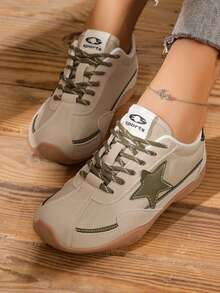 Star-Patterned Women's Retro German Trainer Shoes, Rubber Sole Flat Lace-Up Casual Sports Shoes, Patchwork Design For Home And Outdoor - Coffee Brown - View 6