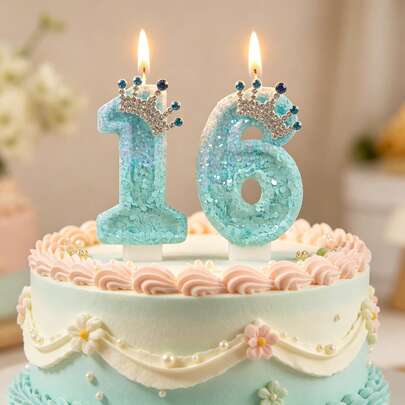 1pc Iridescent Glitter Number 0-9 Birthday Candle, Shiny Rhinestone Silver Crown Cake Topper With Blue Gemstone Accents, Princess Style Dessert Cake Decoration, Suitable For 1st, 16th, 18th, 21st Birthday And Milestone Celebration Party Cake Table Decor