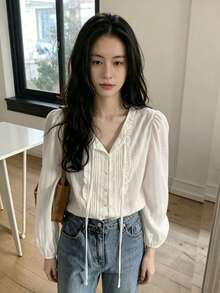 YCYC 甜美風百搭修身荷葉領緞帶百褶鈕扣長袖上衣 白色 - 白色 - 查看 6