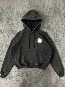 Men's Washed Print Hooded Sweatshirt, Casual Comfortable Loose Fit Mount & Cherry Blossom Print Hoodie - Black - View 4