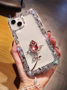 Fashion Luxury 3-Row Glass Crystal Frame Metal Rhinestone Rose With Crystal Pendant Chain Phone Case, Anti-Drop Transparent Protective Shell Compatible With Iphone - Red - View 4