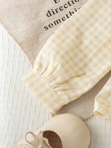 Autumn/Winter Baby Girl Cute Stylish Cream 3D Floral Long Sleeve Set & Plaid Patchwork 2 In 1 Top With Drapey Ribbed Flare Pants Casual Outfit - Yellow - View 8