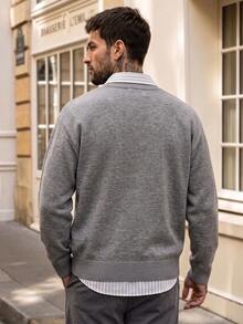 Men's Solid Light Grey V Neck Knit Cardigan, Button Down Loose Soft Layering Sweater Outerwear - Grey - View 2