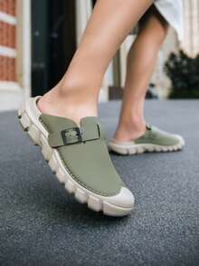 Men's Dark Green Buckle Beach Sandals, Microfiber Leather Non-Slip Thick Sole, Outdoor Vacation Daily Commute Sandals - Dark Green - View 5