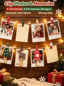 10/15pcs Wooden Christmas Clips Set, For Hanging Photos, Wedding Decor, Party Gifts, Christmas Tree, Gloves, Reindeer And Snowflakes, No Power Needed Multi-Functional Holiday Decoration, Suitable For Easter And Christmas - Multicolor - View 9
