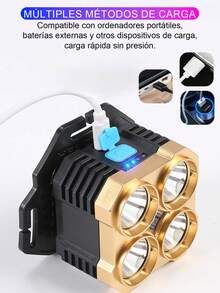 Faro frontal impermeable y de alta luminosidad con 5 luces LED,carga USB,Linterna frontal LED de alta potencia, linterna superbrillante,recargable,lámpara de trabajo de emergencia portátil impermeable,cómodo de usar,adecuado para trabajo nocturno al aire libre como acampar,pesca nocturna,reparaciones,etc. - Negro - Ver 4