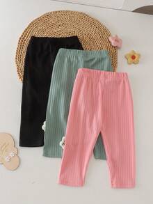 3pcs/Set Baby Girl Cute Comfortable 3D Floral Solid Color Ribbed Leggings Thin Spring/Autumn Casual Everyday - Multicolor - View 4