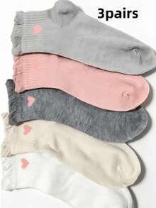 1/3/5/10 Pairs Women's Cute Sweet Breathable Short Socks, Heart Pattern Ruffle Edge Student Socks, Suitable For Daily Casual Wear - Multicolor - View 9