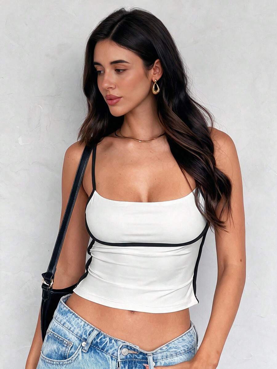 Mystra Women's Summer Sleeveless Racerback Crop Tank Top, Colorblock Design - White - View 1