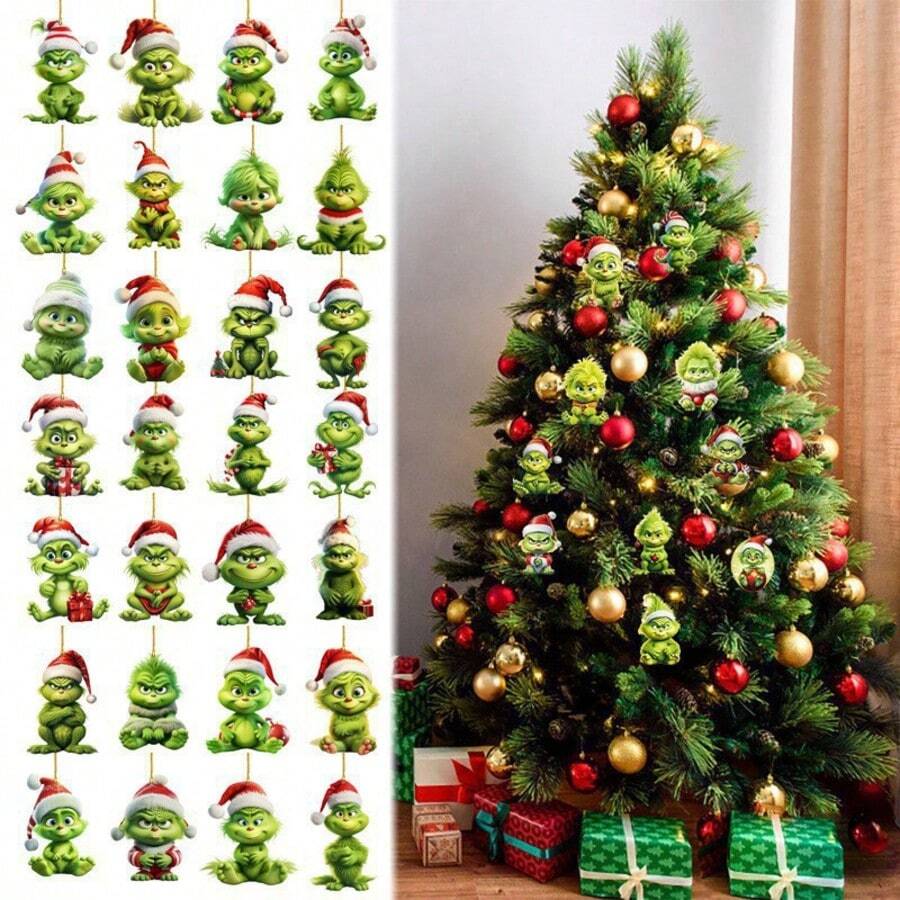 The Grinch 20/12/2 قطعة ديكورات عيد الميلاد، زينة معلقة، ديكور شجرة عيد الميلاد المرح للمنزل Grin-Ch 2D (أسلوب عشوائي) - متعدد الألوان - مشاهدة 1