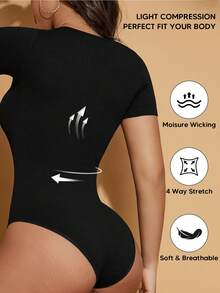Women's Solid Color Short Sleeve Fitted Bodysuit Black Summer Elegant - Black - View 2