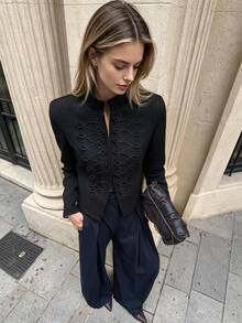 Autumn/Winter Solid Color Metal Button Stand Collar Long Sleeve Cropped Slim Fit Military Style Jacket, Urban Commute Street Style Afternoon Tea Outerwear, Black - Black - View 2