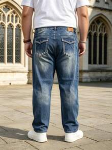 Men's Plus Size Elastic Wide Leg Jeans, Gradient Washed Stretch Denim Pants, Street Casual Daily Trousers - Navy Blue - View 2