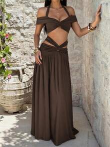 Vellofy Women Fall & Winter Dark Brown Two‑Piece Maxi Outfit Halter Off‑Shoulder Twist Cutout Set For Prom Gala Banquet Vacation Cocktail Party - Dark Brown - View 8