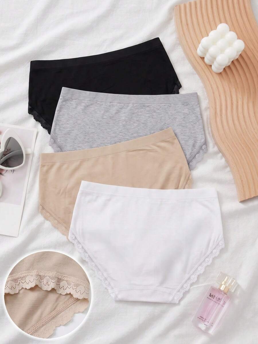 4pcs Girls Casual Seamless Panties, Mid-Waist Heart-Shaped Lace Trim Soft Underwear, Suitable For All Seasons - Multicolor - View 1