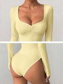 imisic Sexy V-Neck Ruffle Collar Long Sleeve Bodycon Dress For Women. The Collar Is Designed In A Deep V-Shape. This Is A Basic Form-Fitting Style, Suitable For Outdoor Wear, And Also Has A Slimming Effect. This Is A Tight-Fitting V-Neck Long Sleeve Dress, Suitable For Sports, Home Use And Daily Activities. - Yellow - View 7