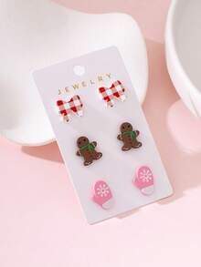 3 Pairs/Set Christmas Cute Gingerbread Man Bow Enamel Design Women's Earrings Set, Perfect Gift For Holiday Parties - Baby Pink - View 2