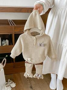Baby Girl Gentle Earth Tone Knit 2 Pieces Set, Ribbed Raglan Hooded Half-Button Sweatshirt With Leopard Print Bow And Side White Tie Detail, Brown & Khaki Contrast Patchwork Flared Knit Pants With Bow Hem, Sweet Casual Separates Outfit - Khaki - View 2