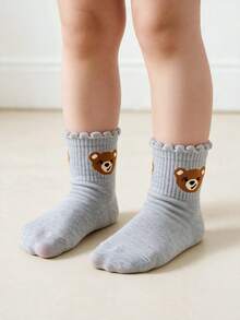 5 Pairs Girls Cartoon Bear Socks, Wavy Ruffle Cuff Mid-Calf Socks, Soft Knitted Neutral Multi-Color Socks, Casual Daily School Socks - Multicolor - View 7