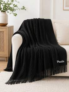 1PC Wavy Line Jacquard Knit Throw Blanket With Custom Embroidery, Customizable Text Detail Featuring Tassel Fringe Edge Trim, 3 Color Choices For Indoor Home Space, Home Accent Piece For Sofa Bed Living Area, Nice Holiday Gift Option For Family - Multicolor - View 3