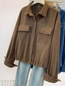 Women's Corduroy Jacket, Elegant Lapel, Casual Button Front, Solid Color, Machine Washable, Suitable For Spring And Autumn - Coffee - View 2