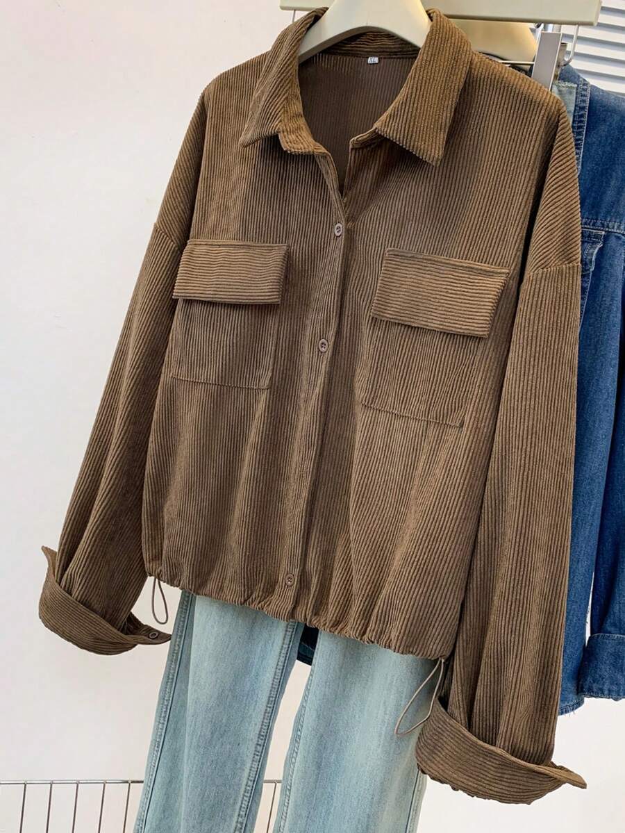 Women's Corduroy Jacket, Elegant Lapel, Casual Button Front, Solid Color, Machine Washable, Suitable For Spring And Autumn