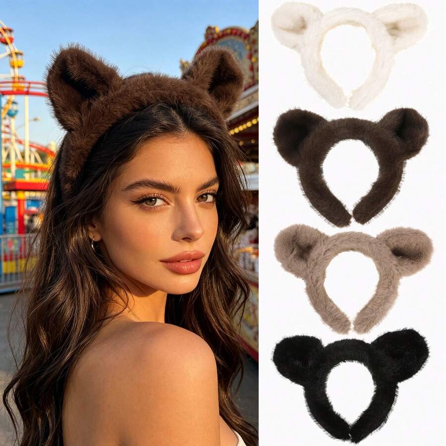 1pc Sweet Plush Bear Ear Hair Hoop Comfort Non‑Slip Headband For Daily Photograph Hair Decoration - Multicolor - View 1