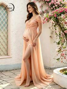 Off-The-Shoulder Lace Maternity Dress - Pink - View 4