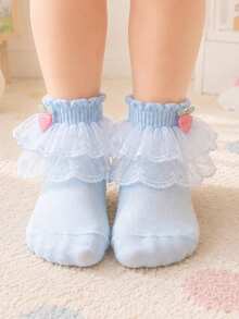 1 Pair Girls Lace Trim Socks, Multi-Color Baby Princess Socks - Baby Blue - View 1