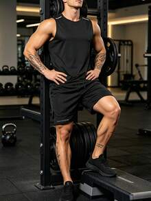 Men's Sports Tank Top Mesh Pullover Round Neck Reflective Print Sports Shorts Set Running Fitness Workout Outfit - Black - View 6