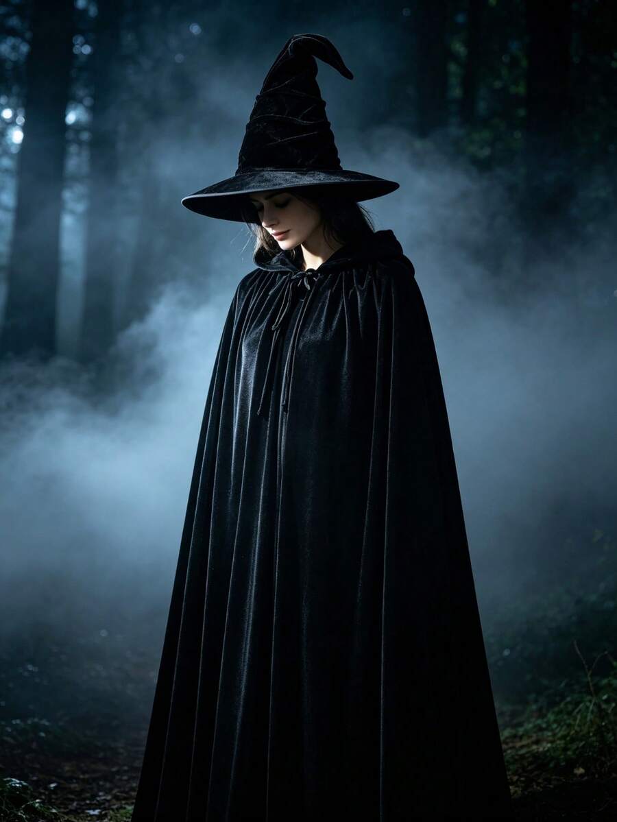 Halloween Black Velvet Witch Hat With Hood And Long Cape Set, Party Cosplay And Dark Wizard Costume Accessories - Black - View 1