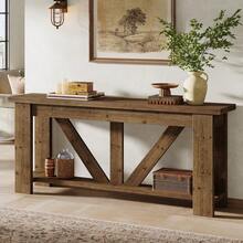 LITTLE TREE 180 Cm Rustic Extra Long Sofa Table Solid Wood 2‑Tier Storage Console Table Behind Couch Brown For Entryway Hallway Living Room - Brown - View 3