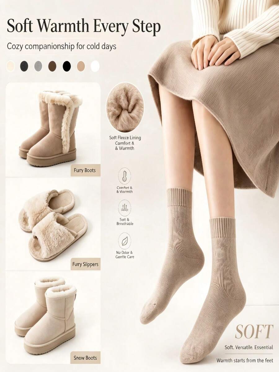7 Pairs Women Winter Thick Thermal Wool Socks, Soft Knit Solid Color Mid‑Calf Socks, Warm Cozy Casual Socks For Fall Winter - Multicolor - View 1